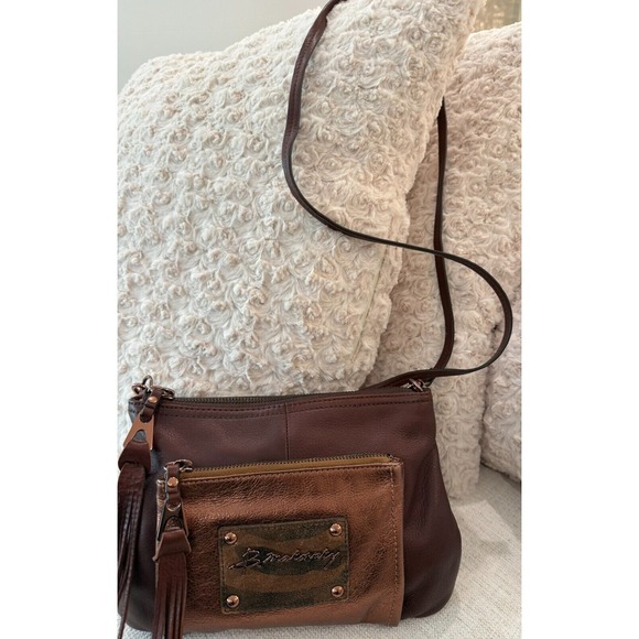 B Makowski Metallic Bronze Brown Pebbled Leather Tassel Crossbody Purse - Picture 12 of 13